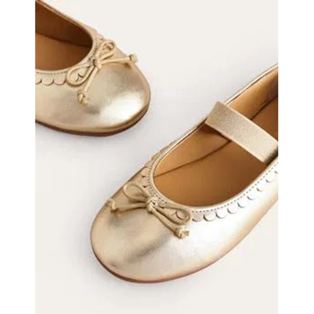 Mini Boden Girls Metallic Gold Leather Mary Jane Ballet Flats Scalloped Size 34
